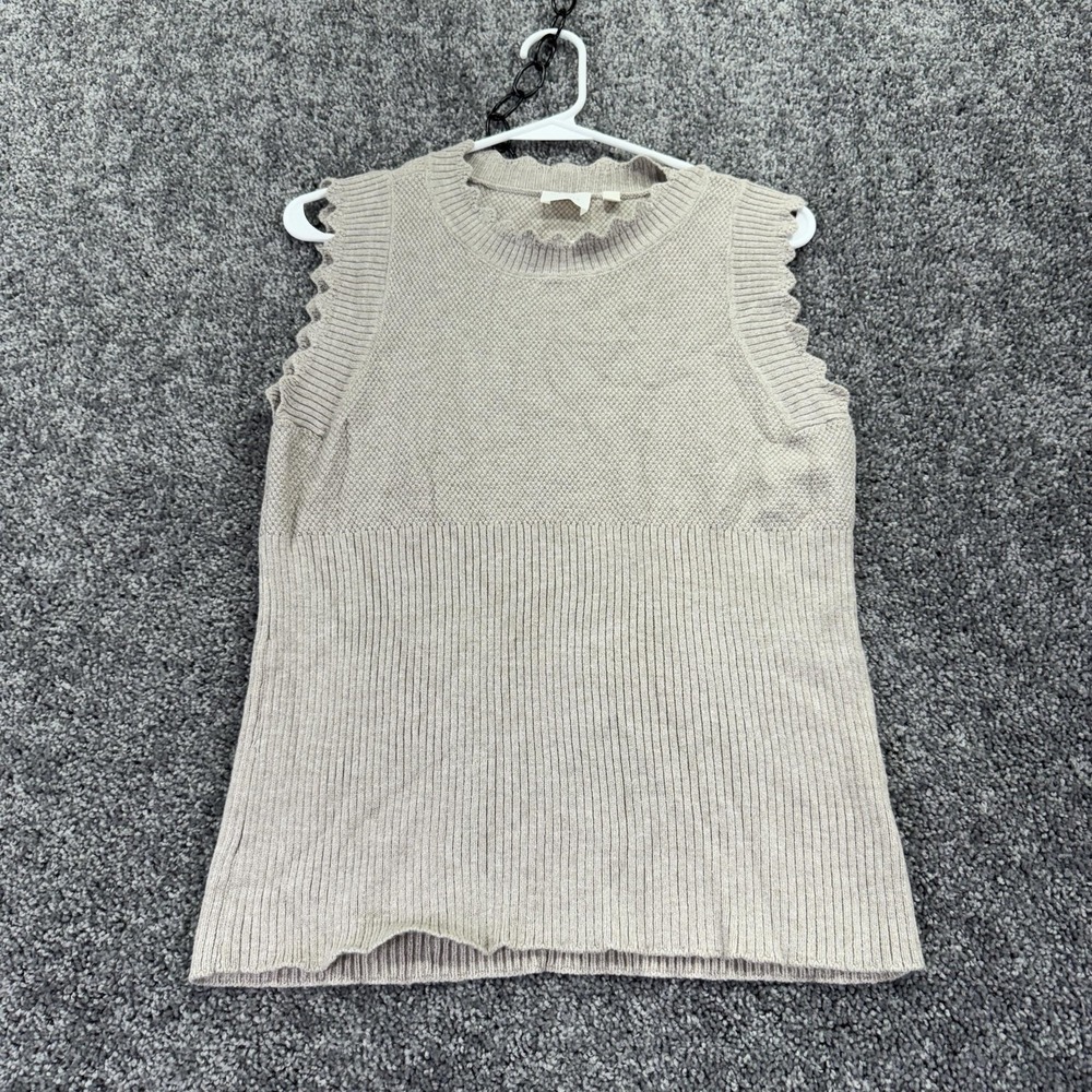 CYRUS Sweater Womens Large Beige Sleeveless Mock Neck Ruffle Pockets Pullover